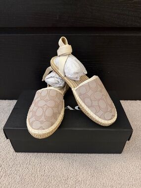 Coach Beige Signature Canvas Espadrille Flats with Ankle Tie